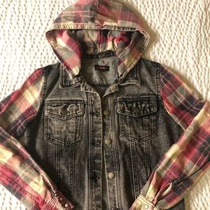 Nameless Acid Wash Denim/Plaid Hooded Jacket